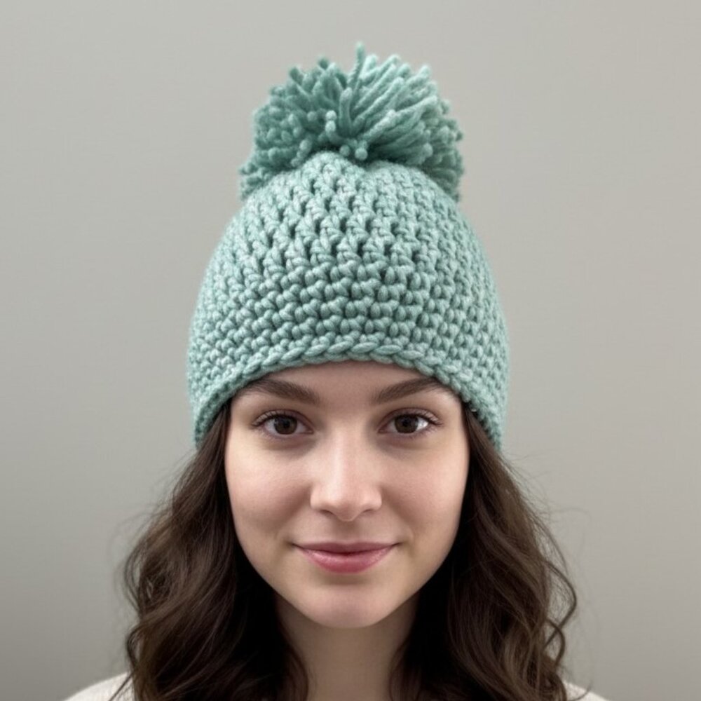 Crochet Pom Pom Hat Toque Sea Green